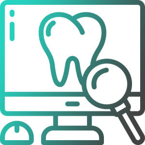 An icon of a computer with a tooth and magnifying glass.